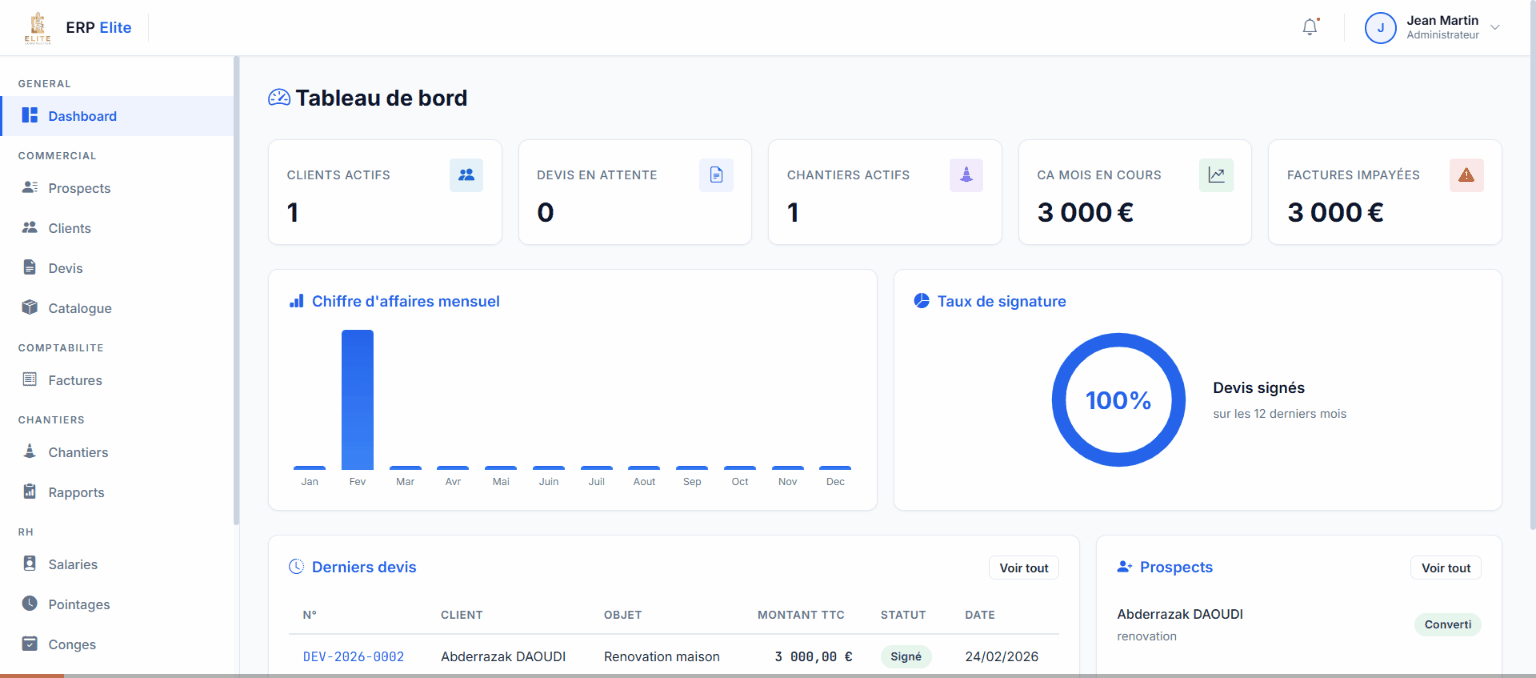Démonstration de l'ERP ydeer — Dashboard, Clients, Devis, Factures, Pointages